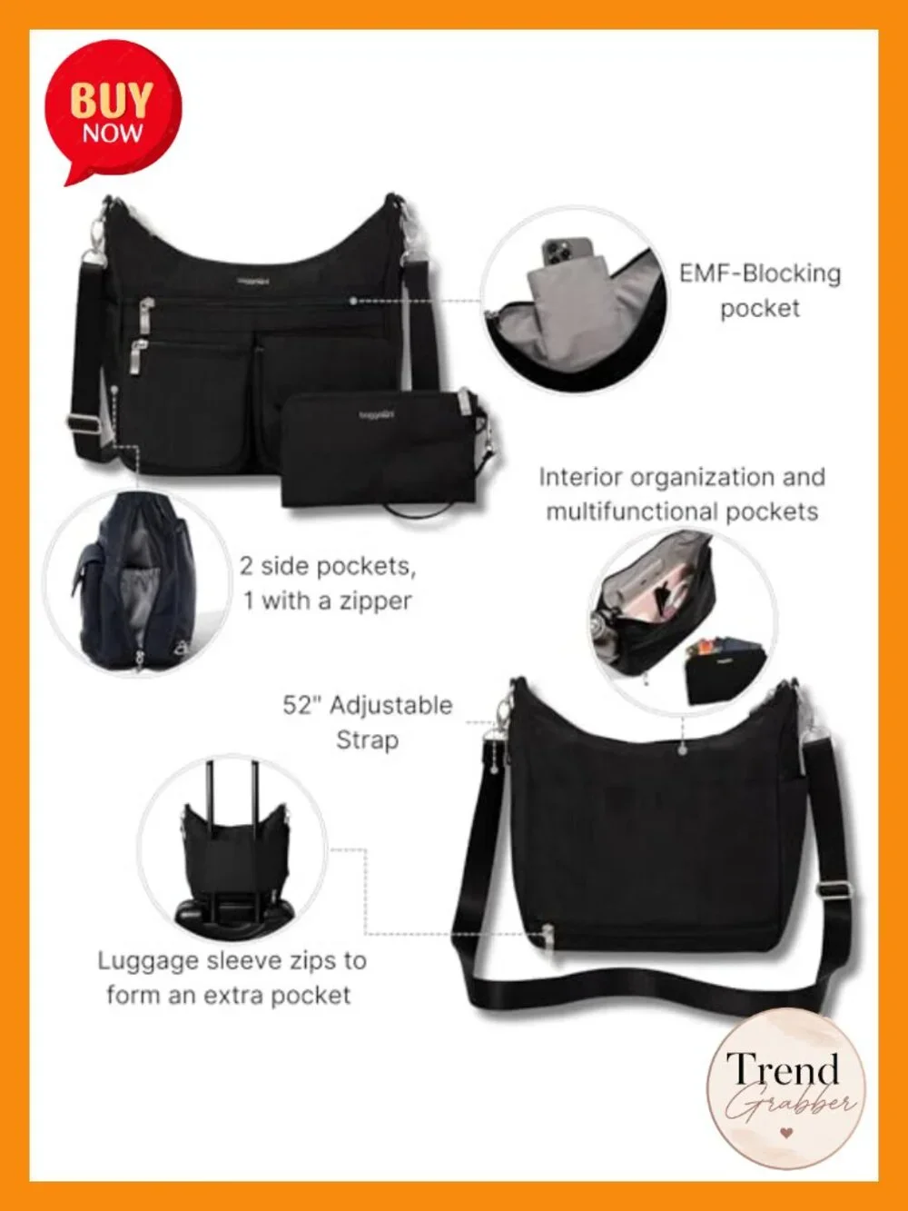 Nylon Crossbody Hobo Bag RFID Blocking EMF Pocket Lightweight Travel Purse
